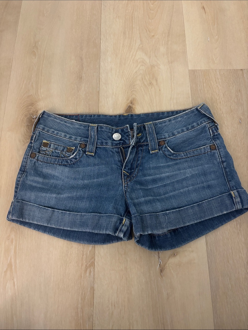 True Religion Distressed Blue Denim Cuffed Shorts